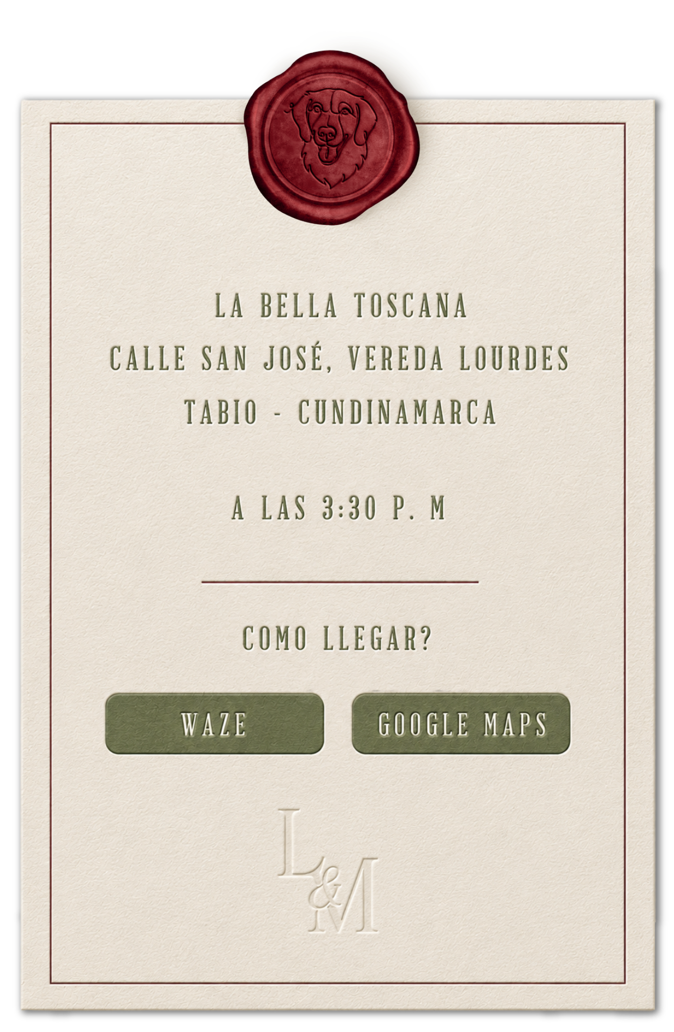 La Bella Toscana, Tabio. 3:30 p. m. Botones de Waze y Google Maps